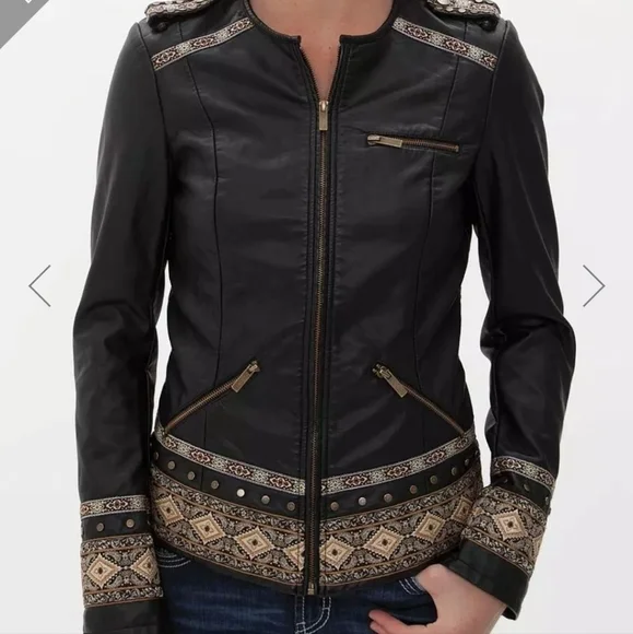 Buckle Black Fitted Faux Leather Brass Accent Embroidered Jacket size Small - Picture 7 of 9